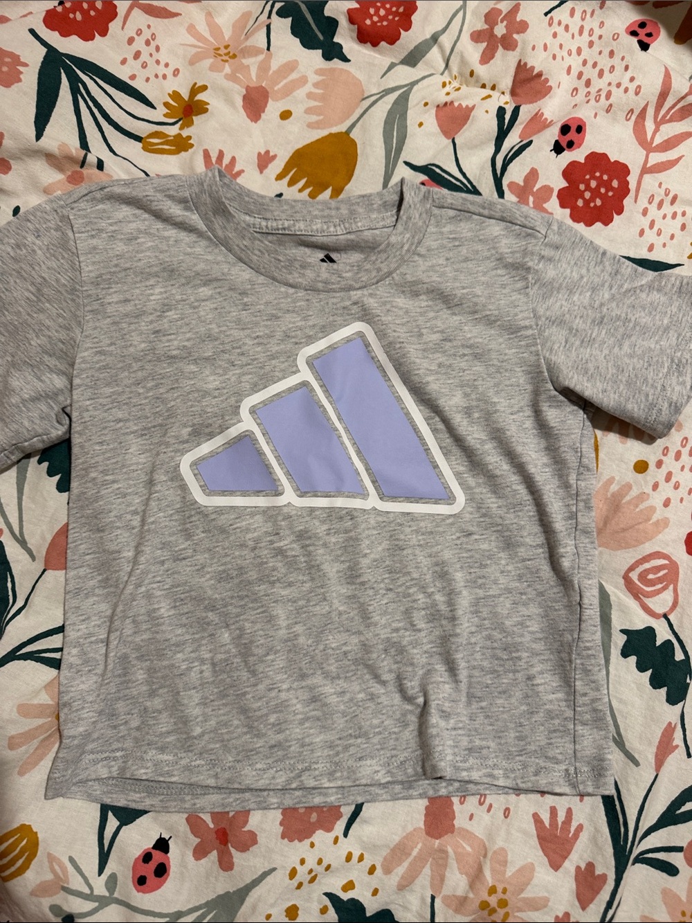 adidas Grey Tee with Lilac Logo - Kids Short Sleeve Crew